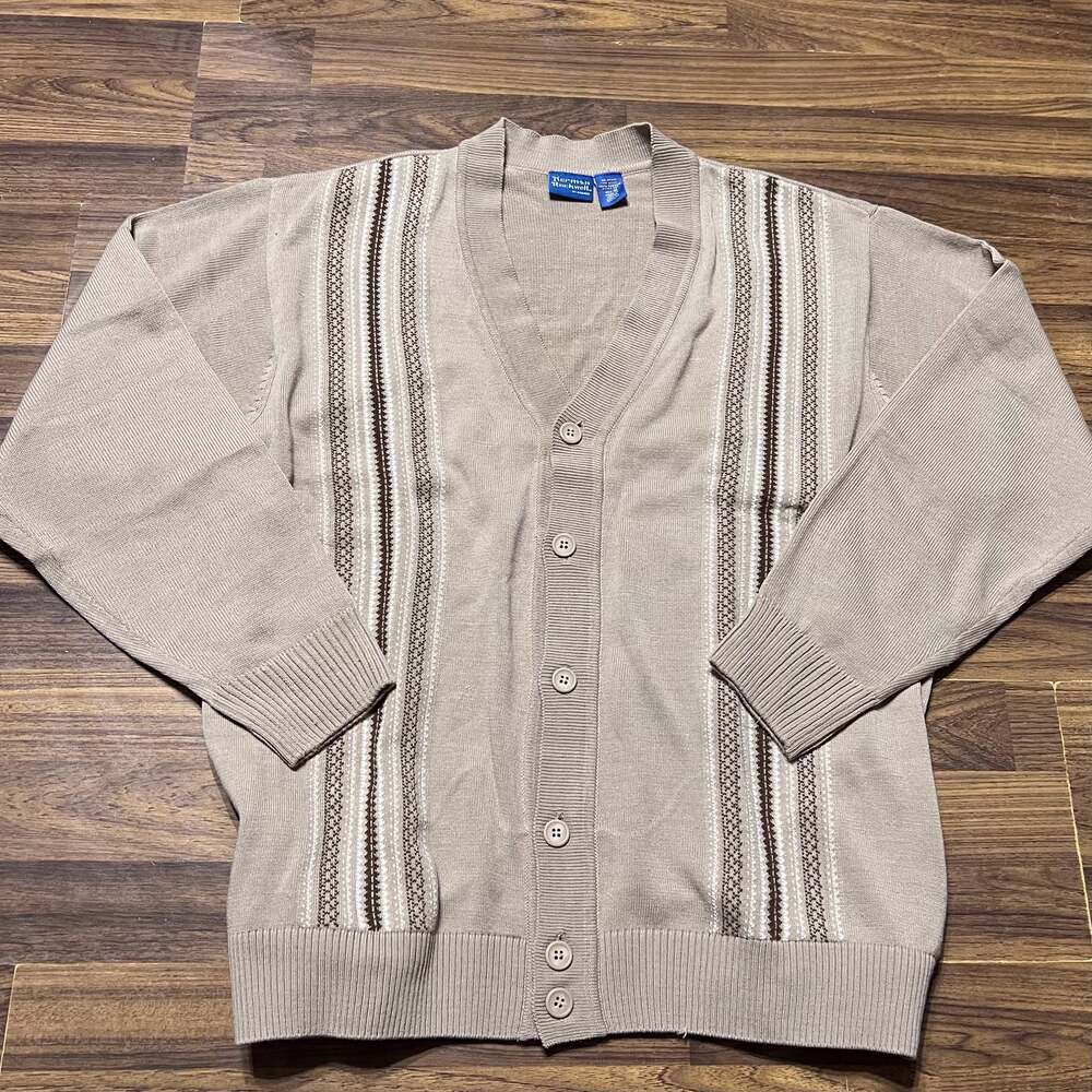 NORMAN ROCKWELL VTG Mens Medium Cardigan Sweater Button Front V-neck Ivory Blue